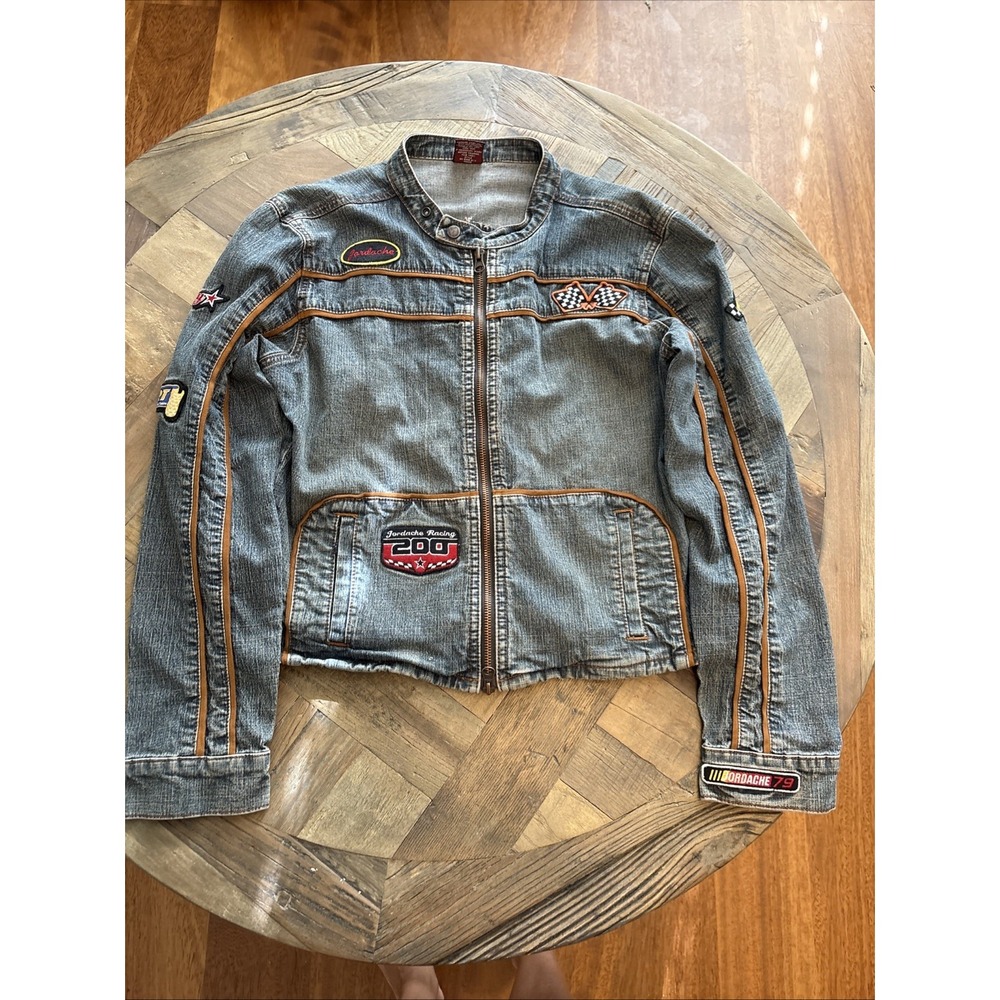 Vintage Jordache Pit Racing Patches Jean Denim Jacket Stretch Size Medium